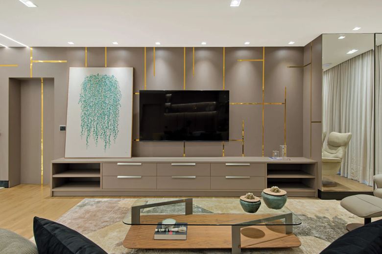 Sala de estar integrada de residência de alto padrão, arquitetura de interiores em Rio Brilhante MS